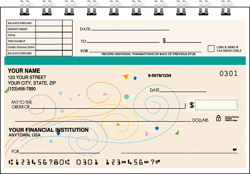 Enlarged view of confetti top stub checks