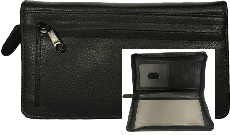 Black Zippered Leather Checkbook Organizer - click to view larger image