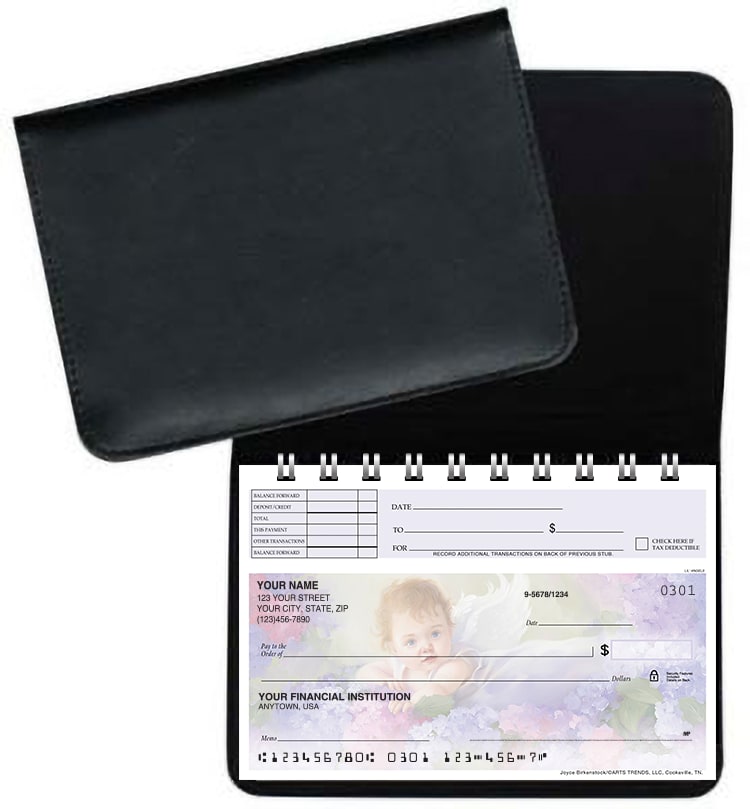 Enlarged view of black leather top stub checkbook cover