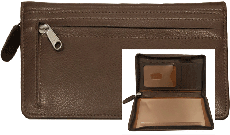 Brown Zippered Leather Checkbook Organizer